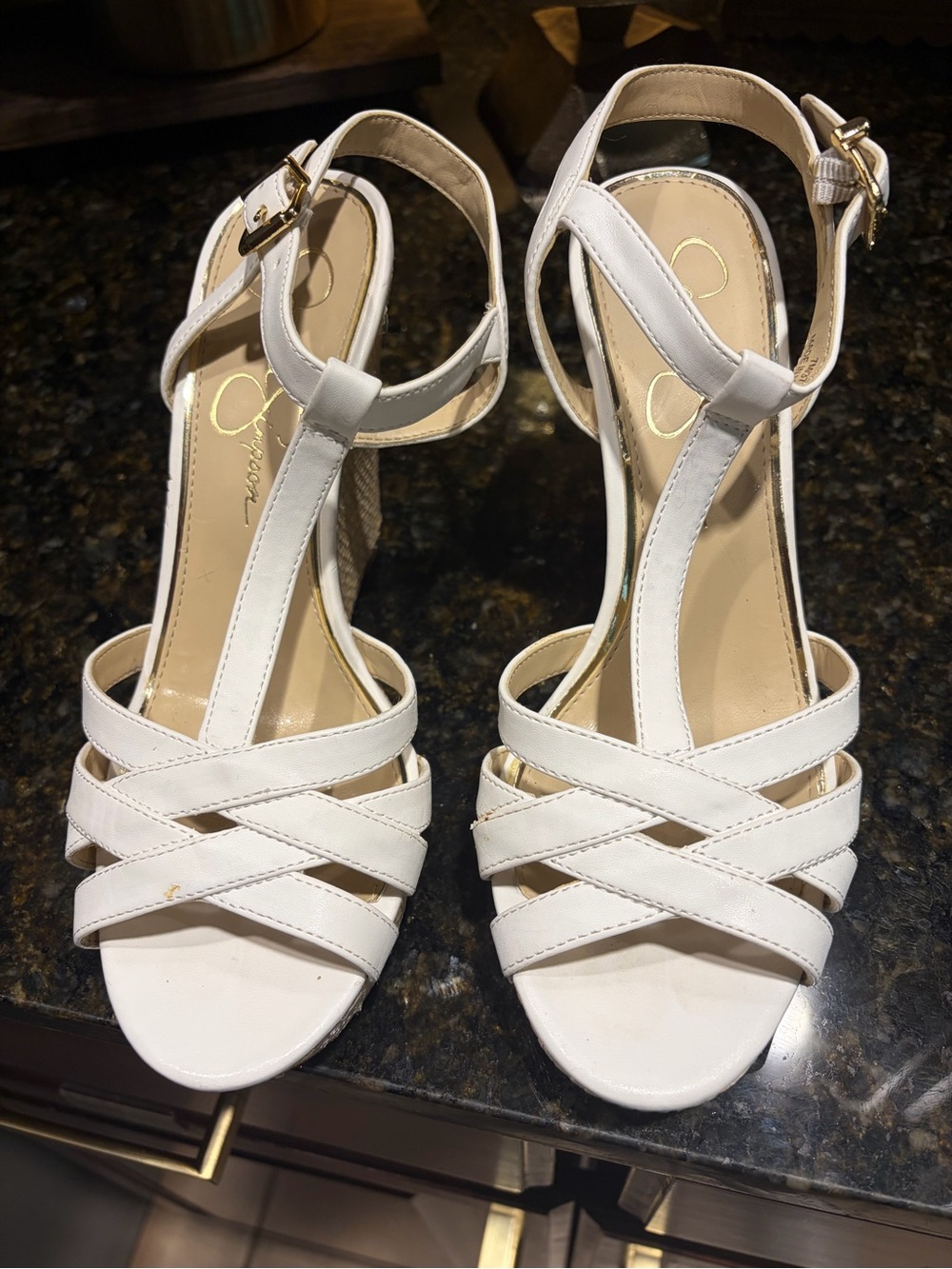 Jessica Simpson Javawn T-strap platform wedge sandals.